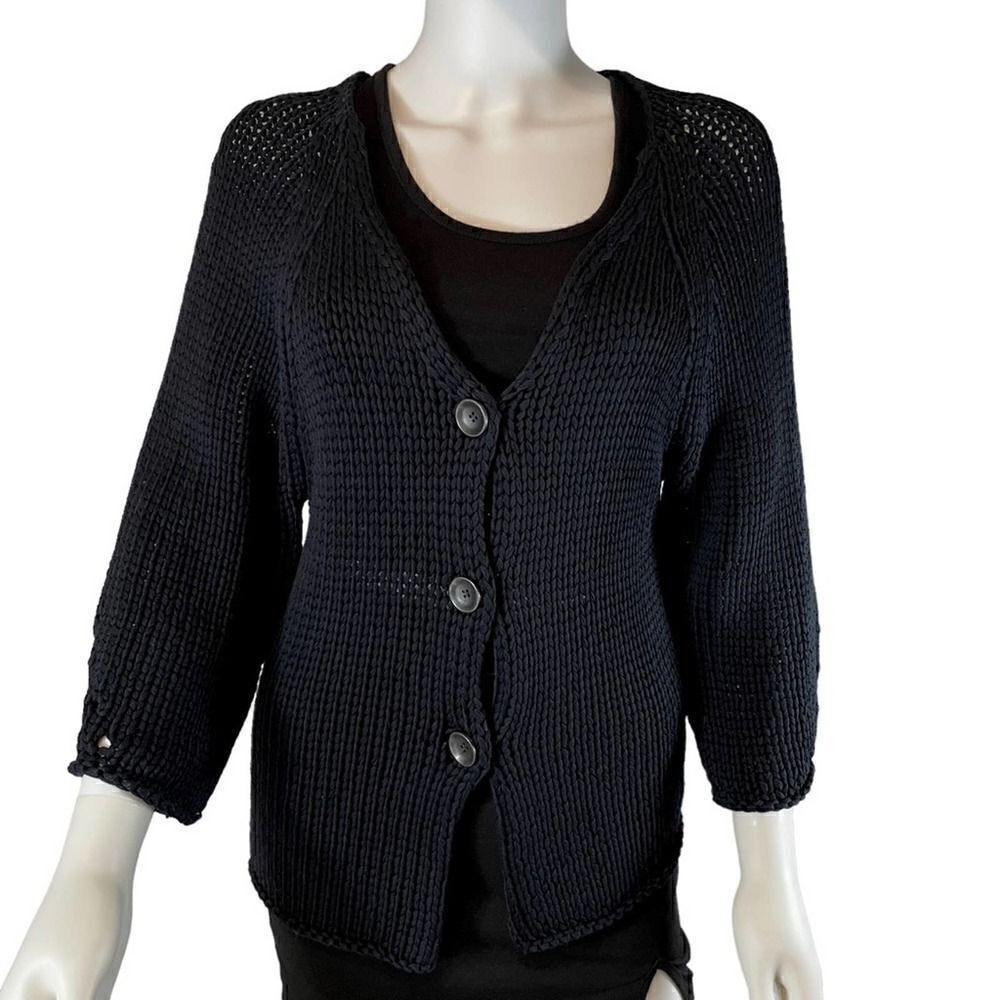Oska Black Knit Cardigan Three Quarter Sleeve Button Up Size 2